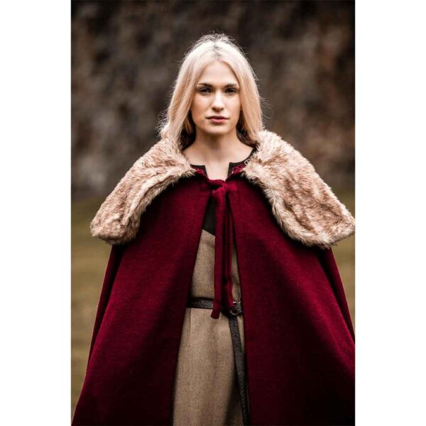 Janne Viking Cloak with Faux Fur Trim - Red