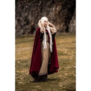 Janne Viking Cloak with Faux Fur Trim - Red