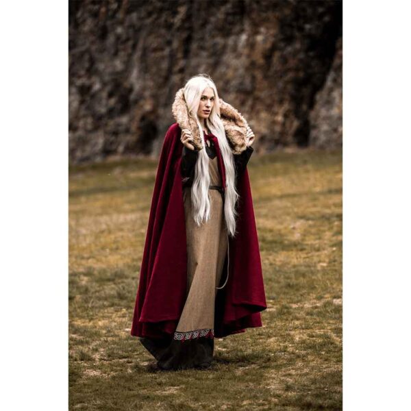 Janne Viking Cloak with Faux Fur Trim - Red