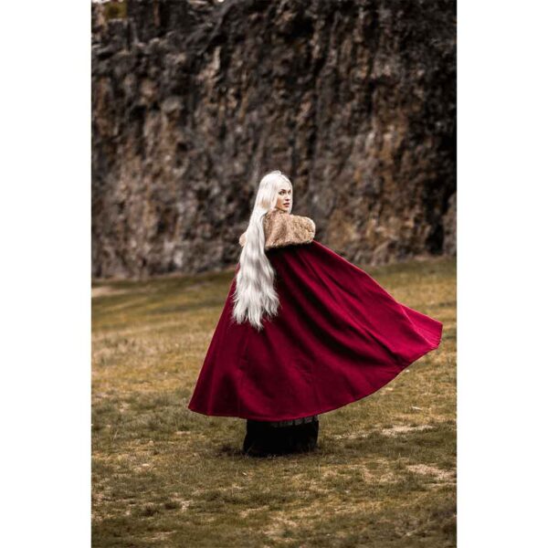 Janne Viking Cloak with Faux Fur Trim - Red