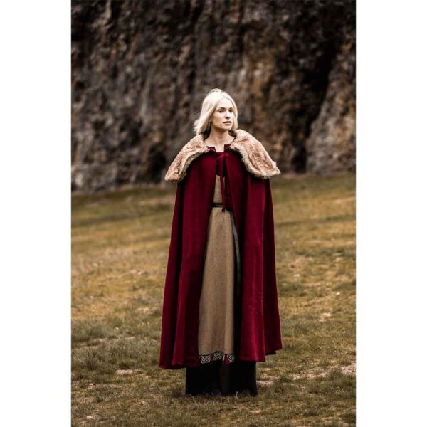 Janne Viking Cloak with Faux Fur Trim - Red