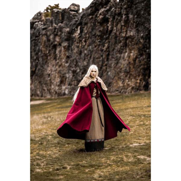 Janne Viking Cloak with Faux Fur Trim - Red