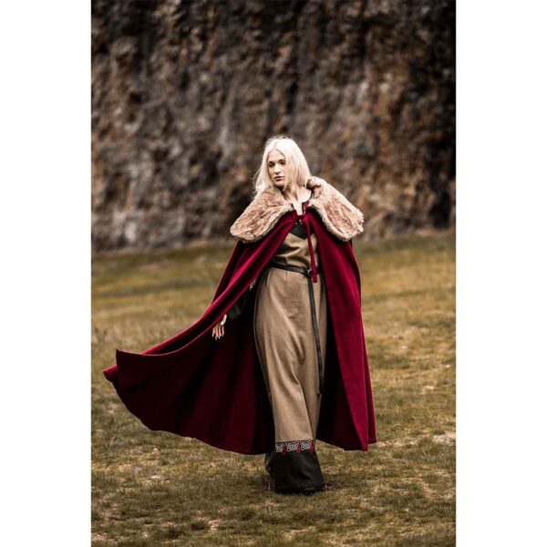 Janne Viking Cloak with Faux Fur Trim - Red