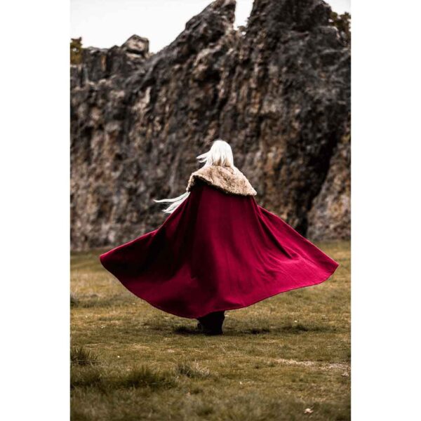 Janne Viking Cloak with Faux Fur Trim - Red