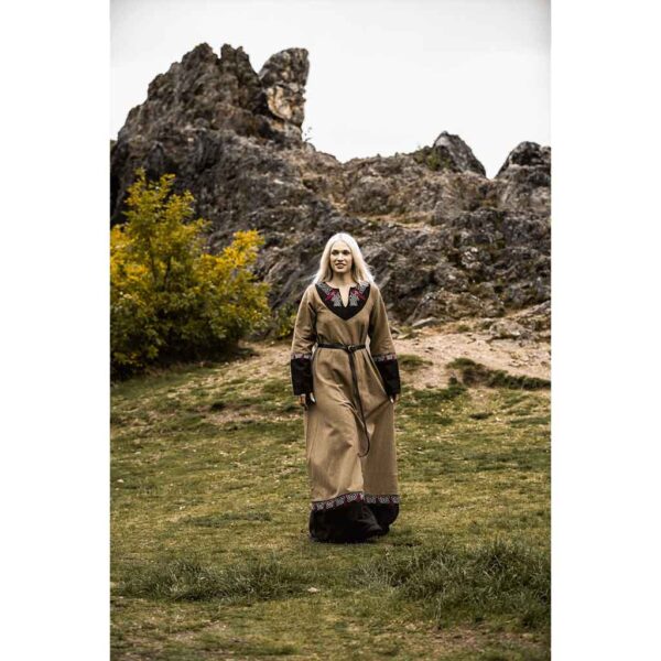 Idun Embroidered Viking Dress - Sand