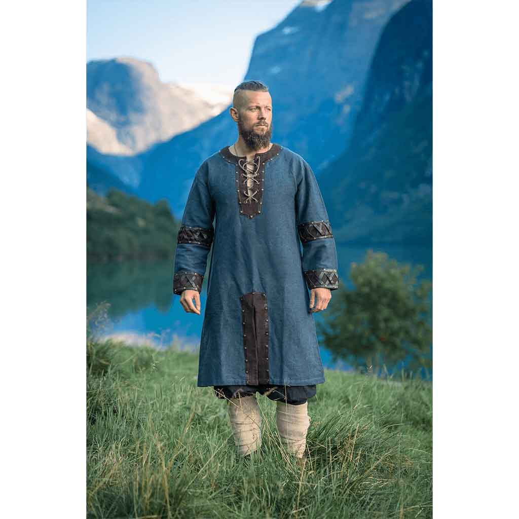 Leif Leather Trim Viking Tunic - Blue