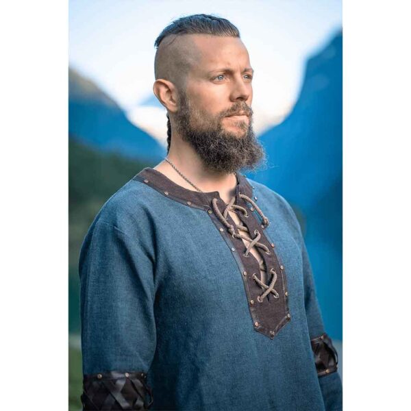 Leif Leather Trim Viking Tunic - Blue