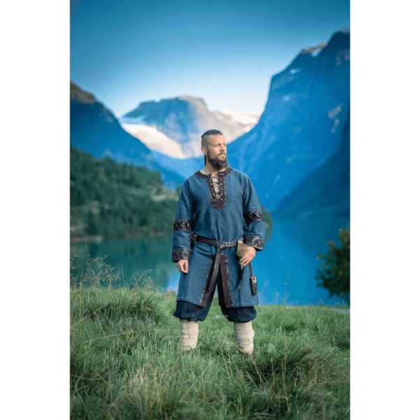 Leif Leather Trim Viking Tunic - Blue